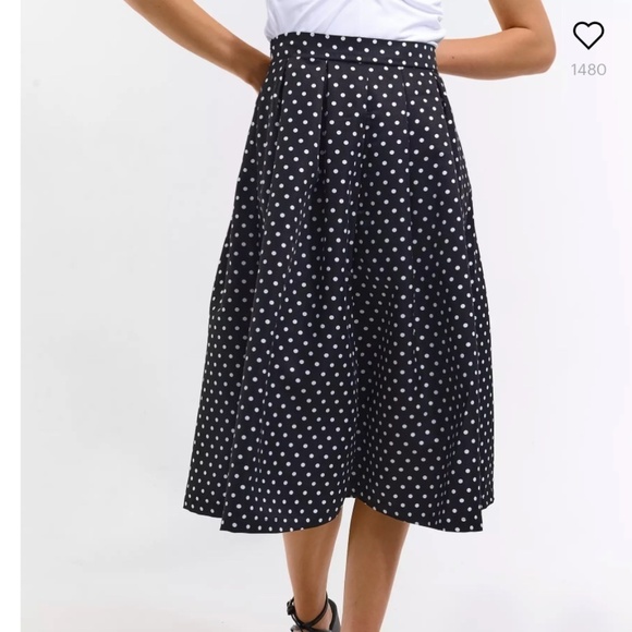 NWT Nine West Midi Skirt 100% silk Black White Polka Dot Flowy Lined Sz 14 - Picture 2 of 13